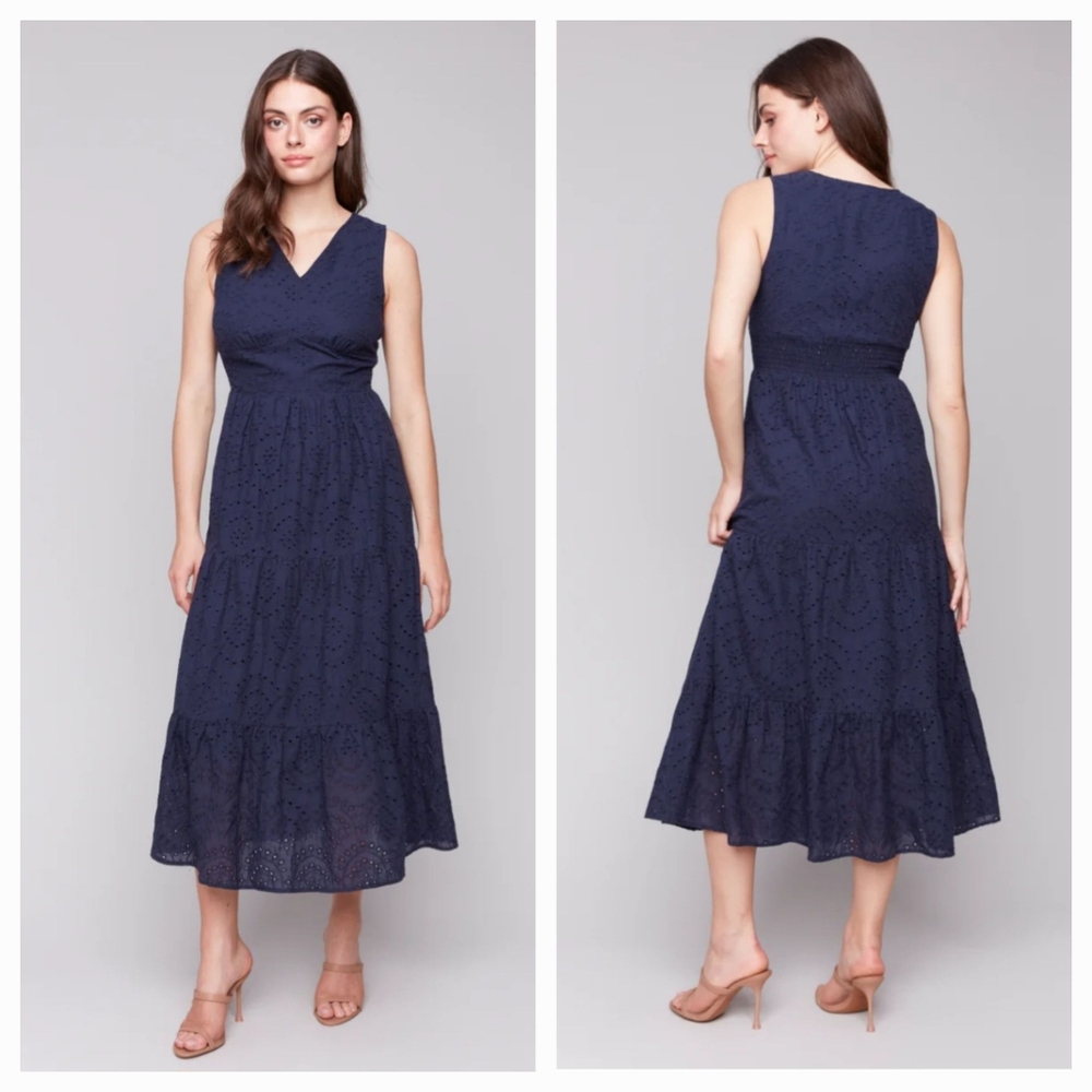 NWT CHARLIE B Sleevesless V-Neck Eyelet Long Navy Midi Tiered Dress S